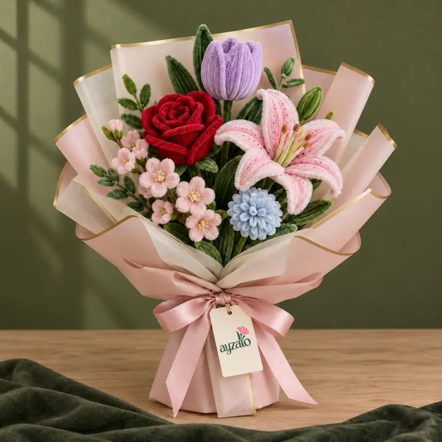Ayzalo Pastel Grace mixed handmade flower bouquet in pink wrapping