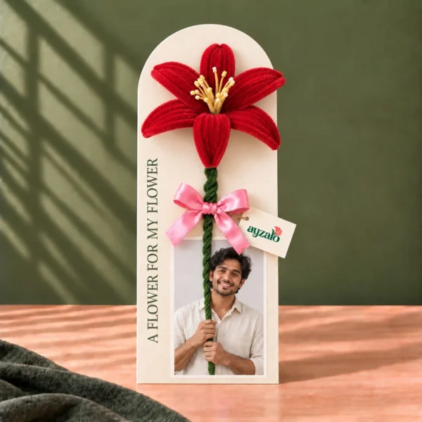 Personalized Ayzalo flower photo card with a red pipe cleaner lily, pink ribbon and custom photo cutout