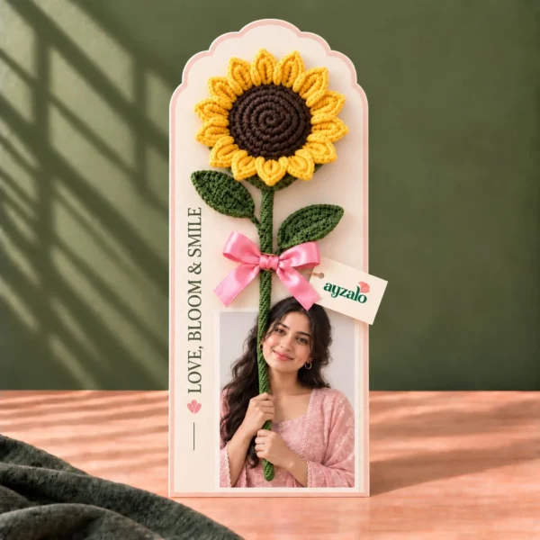 Personalized Ayzalo flower photo card with a crochet sunflower, green leaves, pink ribbon and custom photo cutout
