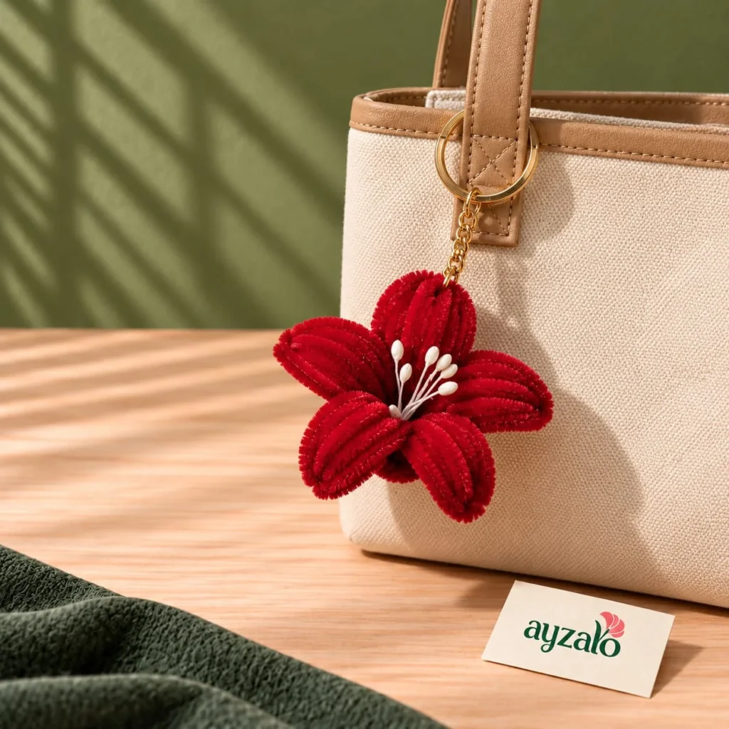 Pop Floral red chenille flower keychain with white stamen details attached to a handbag by Ayzalo