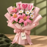 Proposal Pink bouquet Pakistan with pink crochet lilies, white daisies and I love you crochet sign by Ayzalo