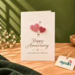 Same People Same Love anniversary crochet card with pink and maroon handmade hearts by Ayzalo