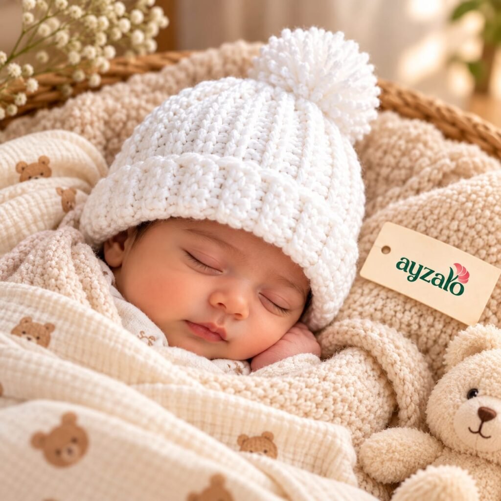 Sleeping baby wearing Ayzalo white Snowball crochet cap with pom-pom