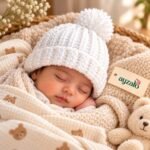 Sleeping baby wearing Ayzalo white Snowball crochet cap with pom-pom