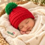 Strawberry red handmade crochet baby cap with emerald green pom-pom by Ayzalo