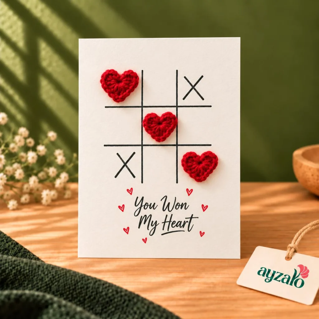 Tic-tac-toe You Won My Heart crochet card with three handmade red hearts by Ayzalo