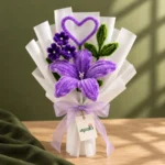 Velvet Blossoms purple pipe cleaner bouquet with handmade lily, purple blossoms, green foliage and heart detail by Ayzalo