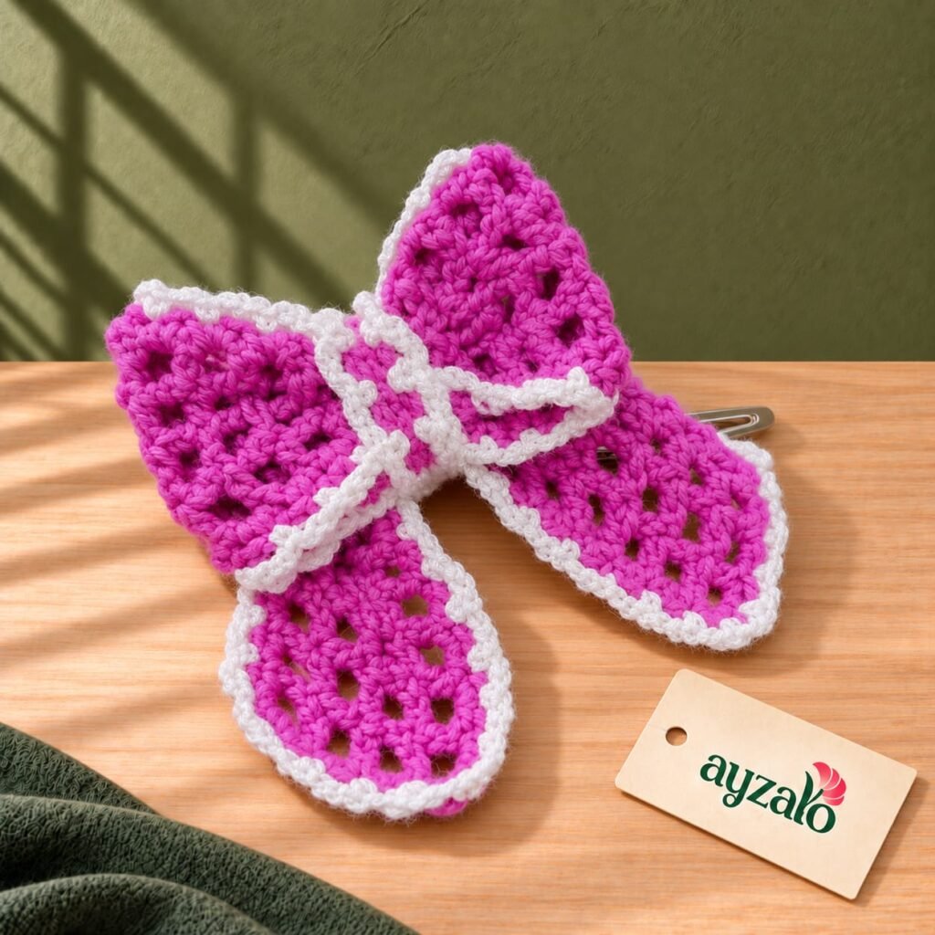 Magenta vintage crochet hair bow with white picot edging and alligator clip by Ayzalo